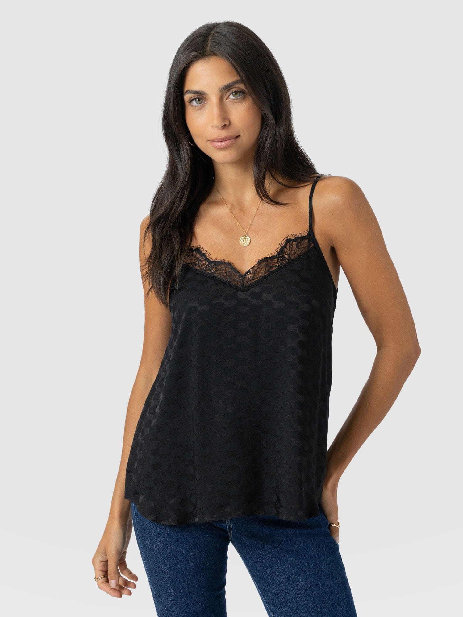 Harper Lace Cami - Black Jacquard - Women's T-shirts | Saint + Sofia® EU
